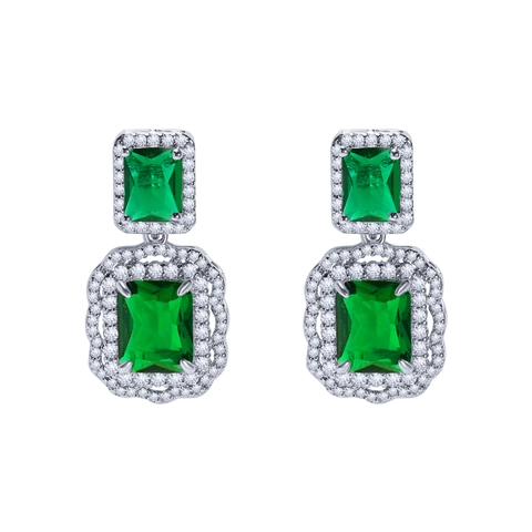 Boucles D'oreilles Pendantes Rectangles Laiton Pierre Synthétique Double Halo Zircon Élégant Vintage Bijou Pour Femmes