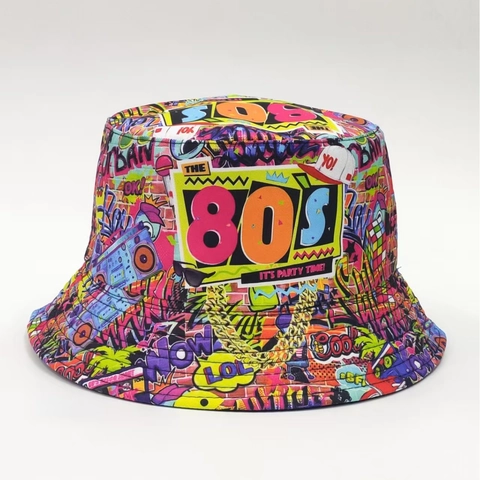 Vintage Bucket Hat από Πολυεστέρα με Εκτύπωση Γκράφιτι Δεκαετίας 80 90 για Άνδρες Γυναίκες Αναστρέψιμο Retro Streetwear Προστασία από τον Ήλιο