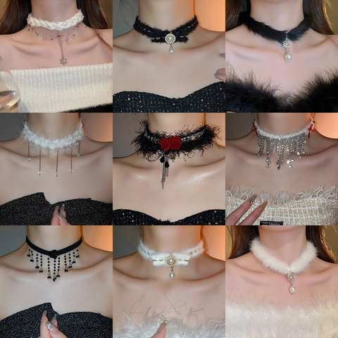 Collier Choker Femmes Peluche Velours Strass Künstliche Perle Flocon Rose Papillon Fleur Gland Élégant Gothique Bijoux De Fête