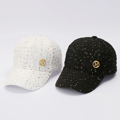 Women Tweed Sequins Baseball Cap Fashion Peaked Hat With Metal Letter R Rhinestone Decoration Warm Autumn Winter