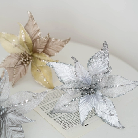 Fiori Di Poinsettia Artificiali In Rete Con Glitter E Paillettes Decorazione Albero Di Natale Ornamento Festivo