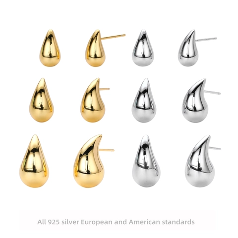 925 Sterling Silver Water Drop Stud Earrings Minimalist Teardrop Real Gold Plated High Polish Small Medium Large Jewelry Accessories For Women