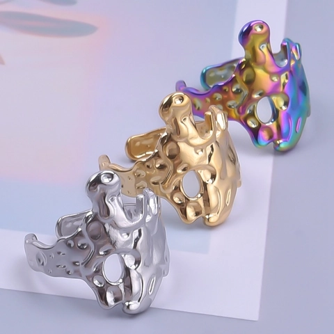 Bague Ouverte En Acier Inoxydable À Texture Liquide Irrégulière Ajustable Style Lave Fondue Minimaliste Pour Femmes