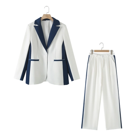 Blazer Et Pantalon Pour Femme Color Block Patchwork Bureau Affaires Décontracté Taille Haute Jambe Large Costume Polyester