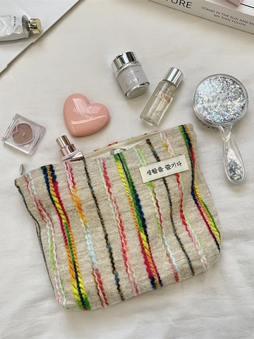Regenboog Kleurrijke Gestreepte Gebreide Tweed Cosmetische Tas Rits Draagbare Reizen Make-Up Zak Voor Vrouwen Koreaanse Ins Stijl