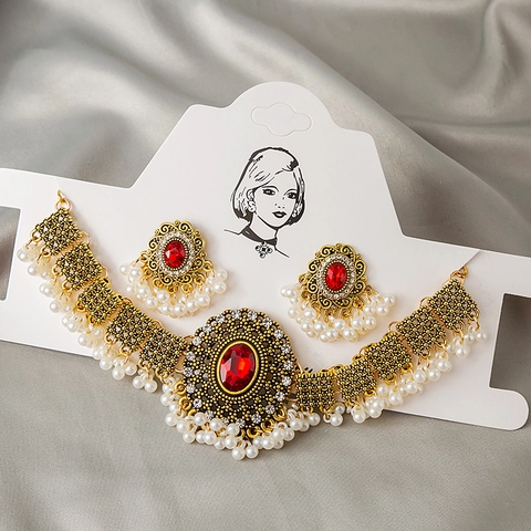 Ketting En Oorbellen Voor Dames Vintage Etnisch Legering Imitatieparels Strass Kleurrijke Kunstmatige Edelstenen Koninklijke Stijl