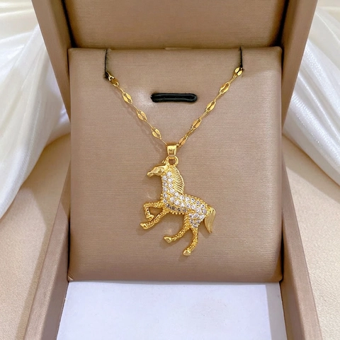 Paard Hanger Ketting Roestvrijstalen Ketting Koperen Strass Verguld Elegante Sieraden Voor Dames