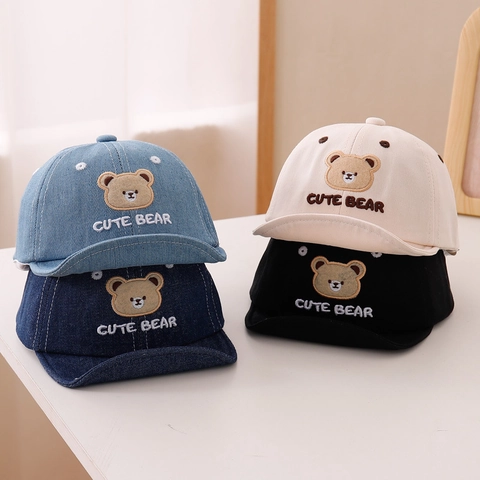 Baby Baseball Cap Cotton Denim Soft Brim Adjustable Sun Hat Cute Cartoon Bear Embroidery Toddler Casual Outdoor Breathable