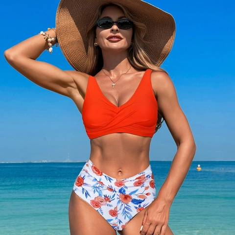 Damen Zweiteiliger Bikini Set Nylon Hohe Taille Blumendruck Badeanzug Mit Kreuz V-Ausschnitt Gepolstertem Oberteil Sexy Strand Urlaub Bademode