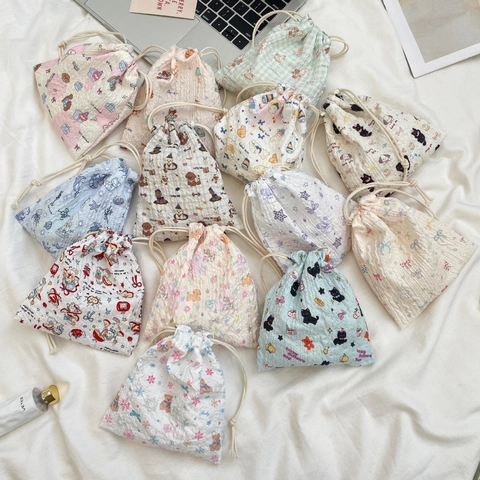 Cute Cartoon Drawstring Storage Bag Seersucker Polyester Portable Dustproof Travel Cosmetic Organizer Pouch For Home