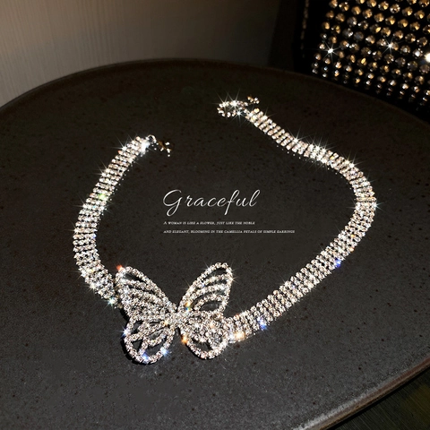 Sparkling Rhinestone Butterfly Choker Necklace Silver Color Alloy Multi Row Statement Jewelry For Women Party