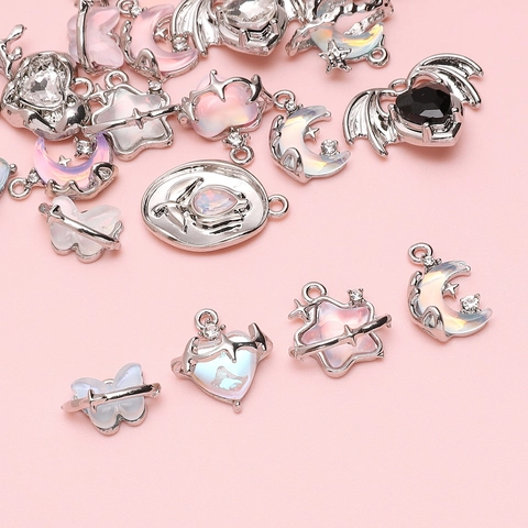 Alloy Glass Charms Pendants Butterfly Moon Star Heart Wings Tulip Shape Y2K Gothic DIY Jewelry Making Accessories For Girls
