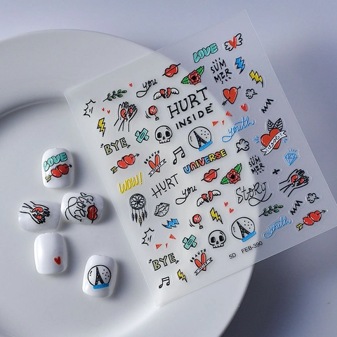 Adesivi Per Nail Art In Rilievo 5D Decalcomanie DIY Disegni Di Lettere Di Cuore Doodle Decorazione Manicure Per Donne