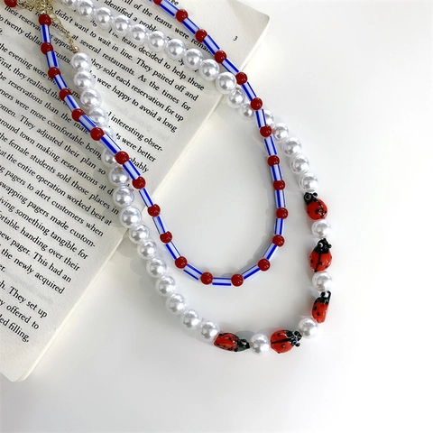 Handmade Beaded Necklace With Faux Artificial Pearl Cute Duck Ladybug Pendant Korean Style Contrast Color Layered Clavicle Chain Women