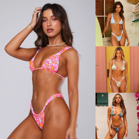 Floral Print Two Piece Bikini Set High Cut Triangle Top Padded Tie Side Beach Vacation Swimsuit For Women