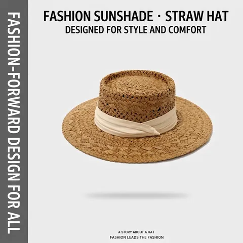 Chapeau Canotier Paille De Papier Sommet Plat Bord Large Ruban Réglable Été Plage Protection Solaire Élégant Français Femmes