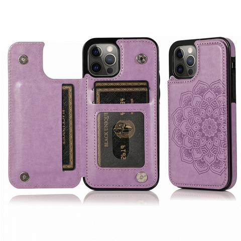 Mandala Embossed Leather Wallet Phone Case for iPhone 16 Pro Max 15 14 13 Samsung Kickstand Shockproof Flip Card Cover