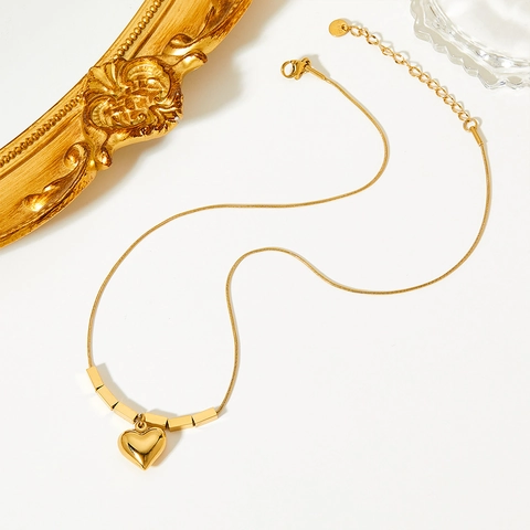 Edelstahl Herz Anhänger Halskette Mit Quadratischen Perlen Verstellbare Schlangenkette Schlüsselbein Schmuck Für Damen