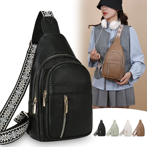 Bolso De Pecho Para Mujer Cuero PU Grano Lichi Bolso Bandolera Con Correa Ancha Bordada Viaje Moda Casual Sling Bag