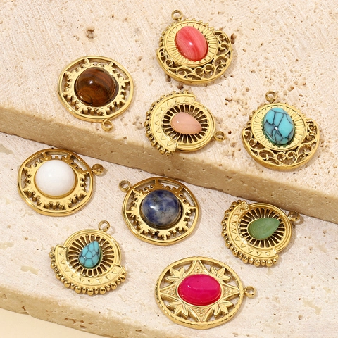 Bohemian Stainless Steel Natural Stone Pendants DIY Charms Retro Teardrop Evil Eye Geometric For Jewelry Making