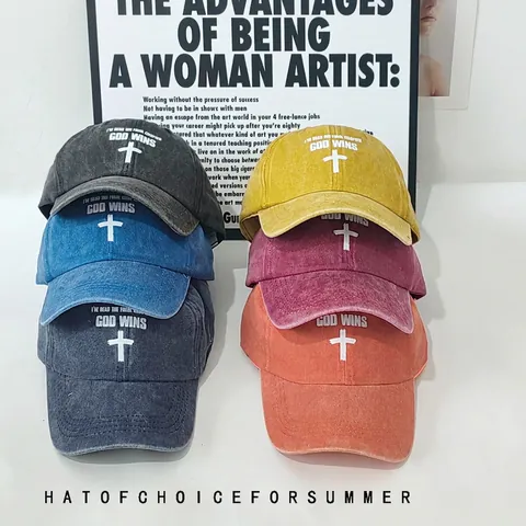 Washed Cotton Baseball Cap Retro God Wins Letter Print Cross Pattern Adjustable Sun Hat For Men Women Casual Vintage
