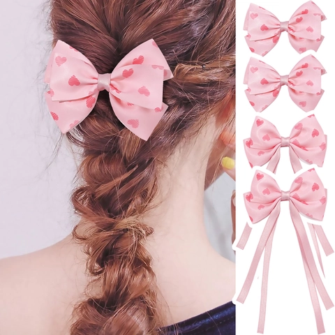 Pinzas Para El Cabello Con Lazo Y Patrón De Corazón Rosa Cintas Largas Horquilla De Pico De Pato Estilo Princesa Para Niñas Hecho A Mano