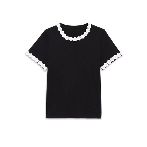 Women Knit T-Shirt Floral Lace Trim Crew Neck Short Sleeve Contrast Color Slim Fit Elegant Top