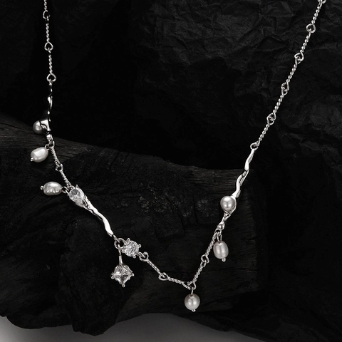 Exquis Collier en Perles Artificielles en Argent Sterling 925 pour Femmes Pendentif Flocon de Neige en Strass Brillant Bijoux
