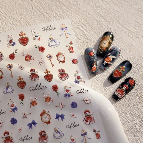 Wonderland Fairytale 5D Relief Nail Art Stickers Vintage Retro Girl Rabbit Clock Heart Manicure DIY Decals
