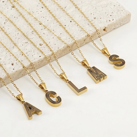 Stainless Steel Initial Necklace 18K Gold Plated Uppercase Letter Pendant With Black Textured Pattern Geometric Jewelry