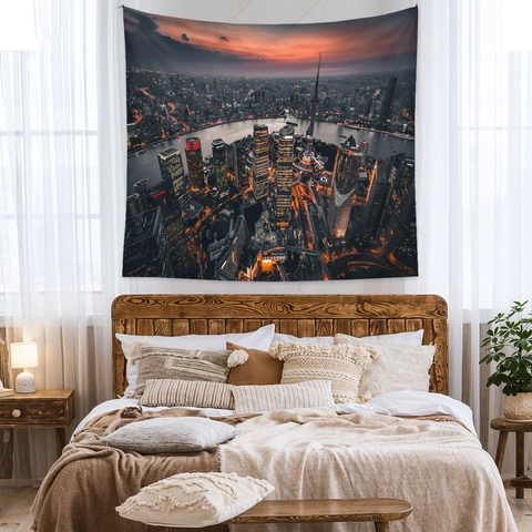 Shanghai Stadt Nachtansicht Skyline Wandteppich Polyester Wandbehang Deko Sonnenuntergang Landschaft Hintergrund Für Schlafzimmer