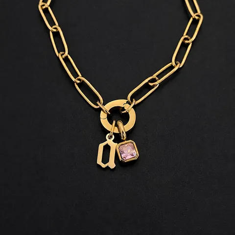 Kleine Letter Initiaal Hanger Ketting Voor Vrouwen Roestvrij Staal Verguld Paperclip Ketting Roze Vierkante Strass Sieraden