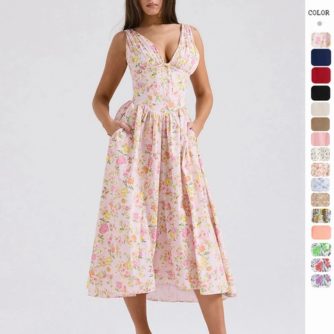 Robe Mi-Longue Élégante À Imprimé Fleuri Pour Femmes Polyester Col En V Sans Manches Taille Haute Corset Avec Poches Été