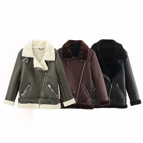 Women Faux Leather Moto Jacket Warm Shearling Lined Lapel Zipper Outerwear Long Sleeve Belted