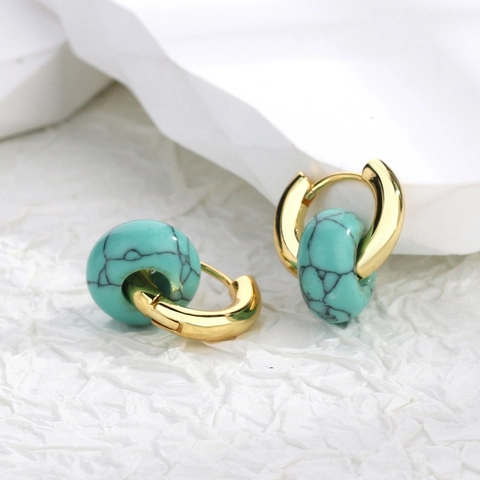 Boucles D'oreilles Créoles Rétro Cuivre Plaqué Or 18K Pendentif Rond Turquoise Synthétique Bijoux Géométriques Femmes