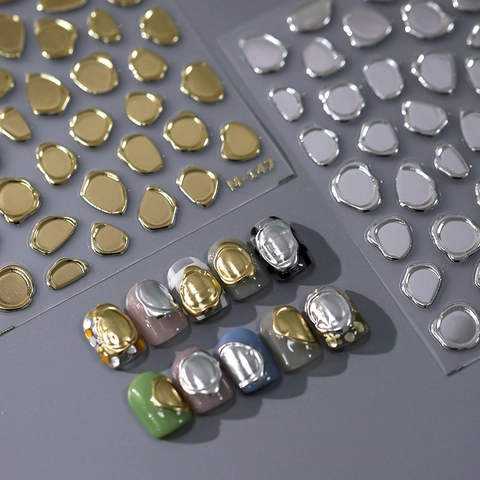 Pegatinas 3D Para Uñas Metálicas Estilo Metal Líquido Irregular Espejo Oro Plata Decoraciones De Manicura Autoadhesivas