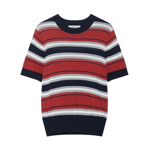 Top In Maglia A Maniche Corte A Righe Multicolore Da Donna Con Scollo Rotondo Pullover In Poliestere Morbido Casual