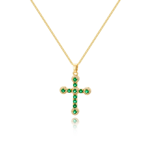 Collana Con Pendente A Croce Zircone Verde Smeraldo Ottone Placcato Oro 18K Ipoallergenico Minimalista Elegante