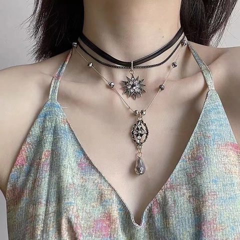 Retro Multi Layer Necklace With Octagram Star And Teardrop Crystal Pendants Bohemian Choker Alloy Leather Jewelry For Women