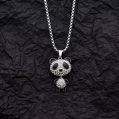 Hip Hop Iced Out Panda Hanger Halsketting Voor Mannen Vrouwen Leuk Dier Titanium Staal Legering Strass Ketting Persoonlijkheid Sieraden