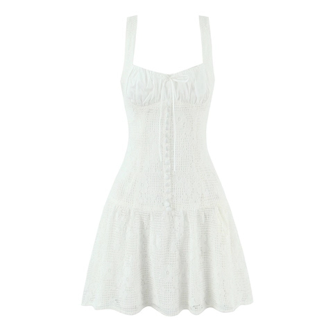 Abito Mini In Pizzo Bianco Da Donna Spalline Sottili Bottoni Frontali Orlo Con Volant Stile Corsetto Dolce Sexy Senza Maniche