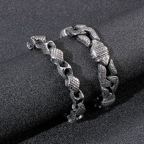 Vintage Men's Carved Floral Pattern Chain Bracelet 316L Stainless Steel Punk Retro Heavy Link Jewelry For Men