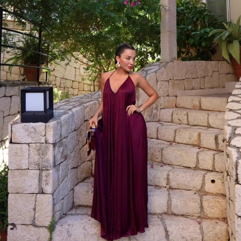 Elegant Maxi Dress Satin Polyester Deep V-Neck Backless Cross Straps Accordion Pleats Solid Color Women Casual