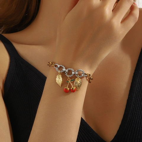 Stainless Steel Gold Silver Contrast Chain Bracelet With Artificial Pearl Cherry Starfish Shell Pendants Fashion Jewelry Women