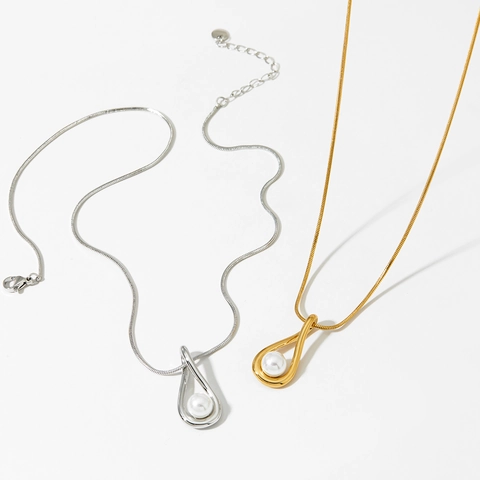 Collar De Perla Artificial En Forma De Gota De Acero Inoxidable Cadena De Serpiente Elegante Minimalista Joyería Para Mujer