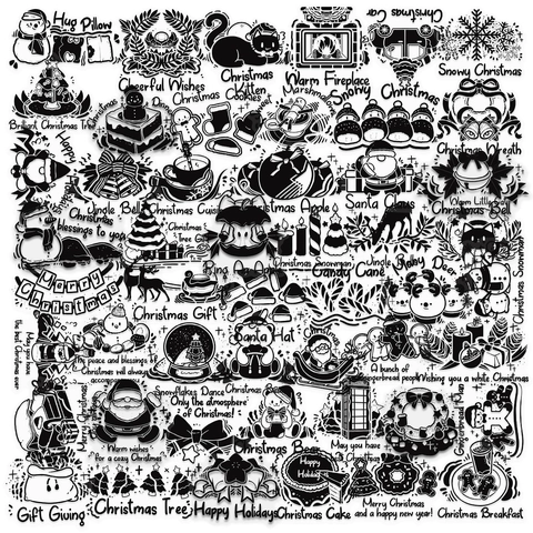 Kerstmis PET Stickers Zwart Wit Inkt Waterdicht Voor Scrapbooking Journaling Laptop DIY Decoratie Feestelijk Ornament