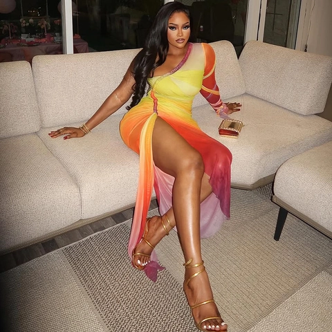 Ein Schulter Langarm Maxi Kleid Gradient Sonnenuntergang Netz Gerafft Geschlitzt Bodycon Party Clubwear