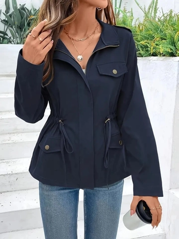 Women Utility Jacket Polyester Drawstring Waist Cargo Multi Pockets Zipper Casual Urban Outerwear Long Sleeve Lapel Coat