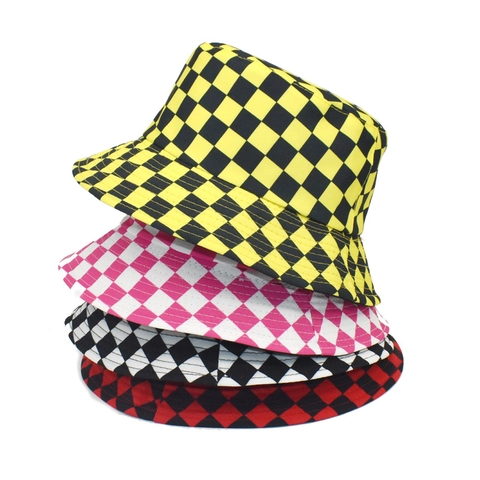 Checkerboard Bucket Hat Cotton Polyester Reversible Sun Protection Outdoor Streetwear Retro For Men Women