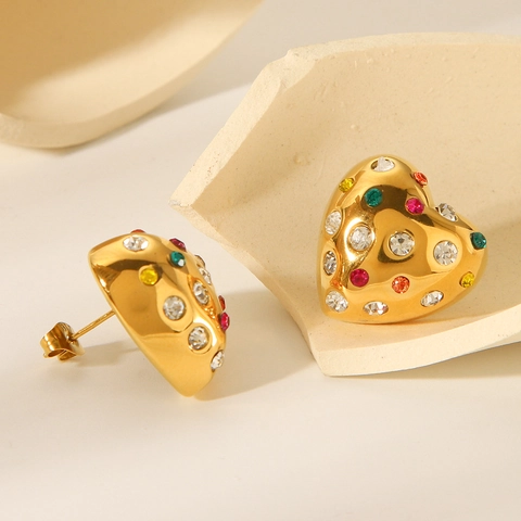 Pendientes De Botón De Corazón Chapado En Oro De 18K Acero Inoxidable Con Diamantes De Imitación Coloridos